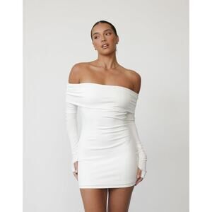 Lioness Isadora White Off Shoulder Thumbholes Long Sleeve Mini Bodycon Dress S